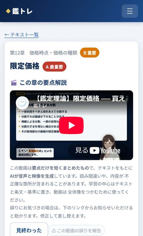 実際の画面:テキストの節と要点解説の動画